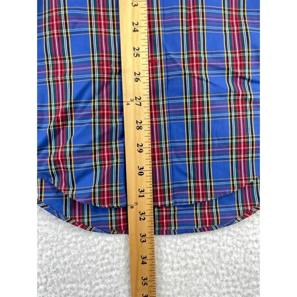 Lands End No Iron Button Down Shirt Mens 14.5-32 Blue Plaid Tailored Fit Preppy